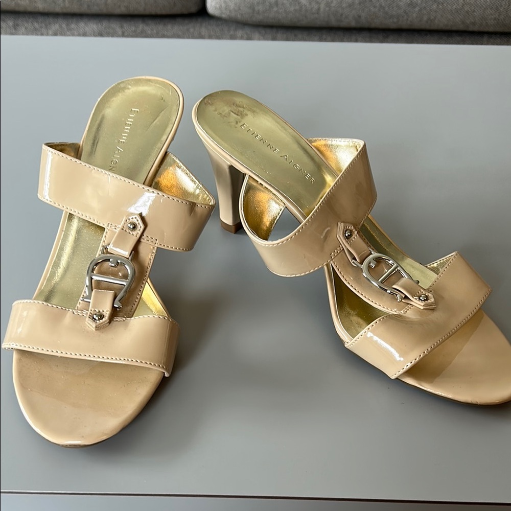 Enzo Angiolini Tan Heels with silver buckle and 3 in heels